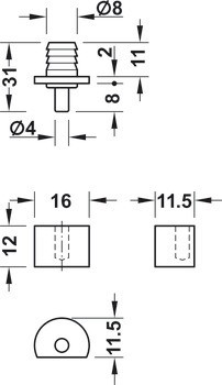 Čepový závěs pro skleněné dveře, úhel otevření max. 130°, vložené