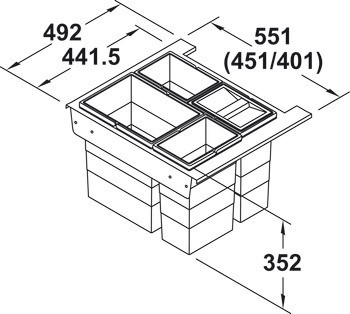 Čtyřdílný třídič odpadu, 3 x 10 a 1 x 20 litrů, Hailo Zargen-Cargo, pro Blum Servo-Drive uno