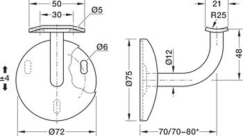 Držák madla, Se zahnutým držákem, s krycí rozetou, s možností nastavení
