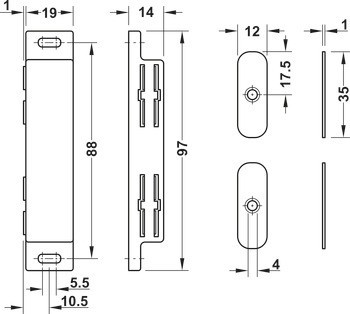Dvojitá magnetická záskočka, Přídržná síla 2 x 3–4 kg, k přišroubování, hranatá