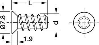 Eurošroub, Häfele, Varianta, zápustná hlava, TS, ocel, plný závit, pro vrtané otvory ⌀ 5 mm do dřeva