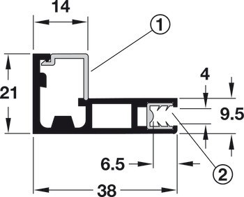 Hliníkový profil pro skleněnou výplň, 38 x 14 mm, rovně, pro tloušťky skla 4 mm