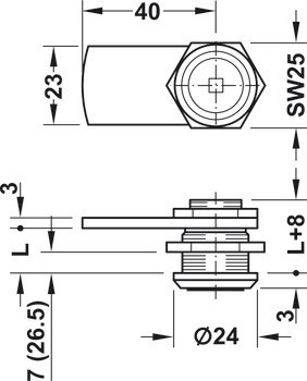 Jazýčkový zámek,  Häfele Symo LB, s pružinou, montáž pomocí matice, s rovným zamykacím jazýčkem