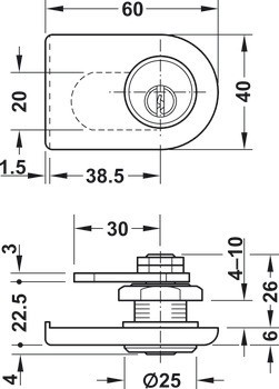 Jazýčkový zámek pro skleněné dveře, Häfele Symo FM Pro, s pevnou vložkou s pinovými stavítky, backset 26 mm, standardní profil, individuální