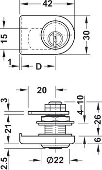 Jazýčkový zámek pro skleněné dveře, Häfele Symo FM Pro, s pevnou vložkou s pinovými stavítky, backset 26 mm, standardní profil