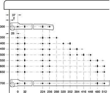 Kolečkové výsuvy, částečný výsuv, nosnost do 35 kg, ocel, pro povrchovou montáž