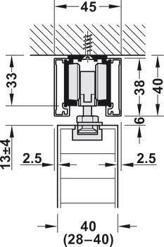 Kování pro posuvné dveře, Häfele Slido D-Line11 50C / 80C / 120C, sada bez pojezdové kolejnice