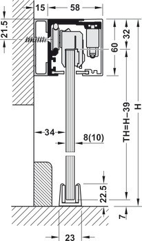 Kování pro posuvné dveře, Häfele Slido D-Line12 50F / 80F / 120F, sada bez mechanismu tlumeného zavírání