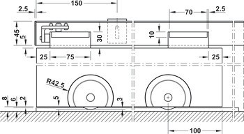 Kování pro posuvné dveře, Häfele Slido D-Line802 150T, sada, se segmentovým vozíkem