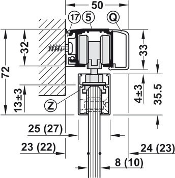 Kování pro posuvné dveře, Häfele Slido D-Line11 50J / 80J / 120J, sada bez pojezdové kolejnice