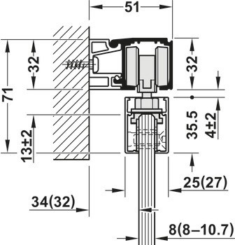 Kování pro posuvné dveře, Häfele Slido D-Line11 50J / 80J / 120J, sada bez pojezdové kolejnice