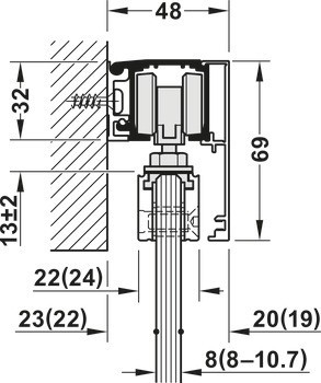 Kování pro posuvné dveře, Häfele Slido D-Line11 50J / 80J / 120J, sada bez pojezdové kolejnice