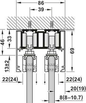 Kování pro posuvné dveře, Häfele Slido D-Line11 50J / 80J / 120J, sada bez pojezdové kolejnice