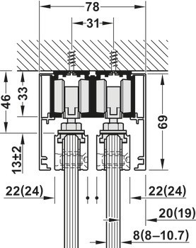 Kování pro posuvné dveře, Häfele Slido D-Line11 50J / 80J / 120J, sada bez pojezdové kolejnice