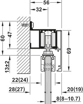 Kování pro posuvné dveře, Häfele Slido D-Line11 50J / 80J / 120J, sada bez pojezdové kolejnice
