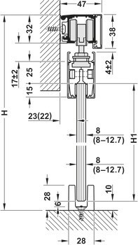 Kování pro posuvné dveře, Häfele Slido D-Line11 50L / 80L / 120L, sada bez pojezdové kolejnice