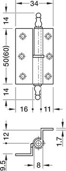Křídlový závěs, mosaz, s dekorativní povrchovou úpravou, zalomení D, délka 7,5 mm