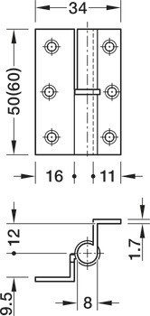 Křídlový závěs, mosaz, zalomení D, 7,5 mm