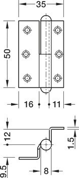Křídlový závěs, ocel, zalomení D, 7,5 mm