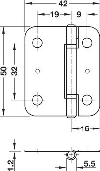 Křídlový závěs, Pro posuvně skládací dveře, velikost 50 x 42 mm, k přišroubování