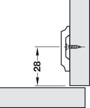 Křížová montážní podložka, Häfele Metalla 510 A, ocel nebo zinková slitina, s vruty do dřevotřísky, vzdálenost od hrany 28 mm