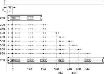 Kuličkové výsuvy, Häfele Matrix Runner BB S, plnovýsuv, nosnost do 30 kg, ocel, montáž na bok