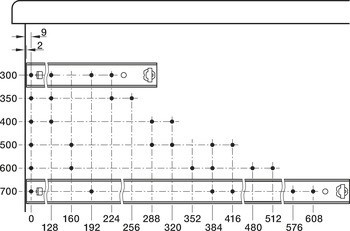 Kuličkové výsuvy, policové a zásuvkové výsuvy, částečný výsuv, nosnost do 60 kg, ocel, montáž na bok/povrchová montáž