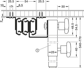 Kuličkové výsuvy, pro 4 vkládací desky, asynchronní, pro stoly bez rámové konstrukce