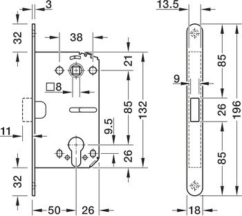 Magnetický zadlabací zámek střelkový, Pro otočné dveře, Häfele Startec, profilová vložka