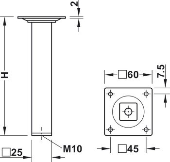 Nábytková noha, s deskou, bez výškového nastavení, s plastovým kluzákem