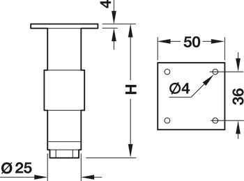 Nábytková noha, s podložkou, výškovým nastavením a pouzdrem