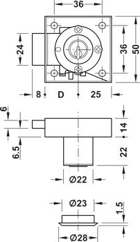 Nábytkový zámek se závorou, s vložkou Kaba 8, standardní profil, backset 25 mm