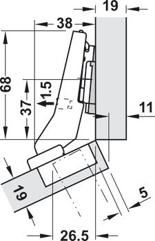 Nábytkový závěs 30°, Blum Clip Top Blumotion 95°, pro rohové skříňky se zarovnanou přední stranou