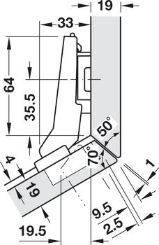 Nábytkový závěs 30°, Blum Clip Top Blumotion 95°, pro rohové skříňky se zarovnanou přední stranou