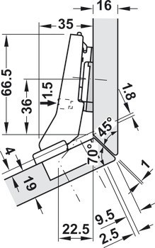 Nábytkový závěs 30°, Blum Clip Top Blumotion 95°, pro rohové skříňky se zarovnanou přední stranou