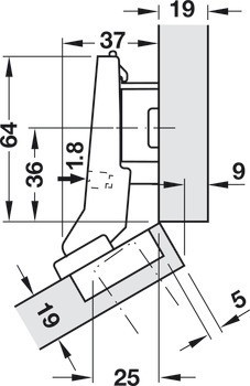 Nábytkový závěs 30°, Blum Clip Top Blumotion 95°, pro rohové skříňky se zarovnanou přední stranou