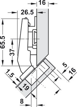 Nábytkový závěs 45°, Blum Clip Top Blumotion 95°, pro rohové skříňky s naloženými čely