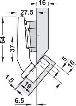 Nábytkový závěs 45°, Blum Clip Top Blumotion 95°, pro rohové skříňky s naloženými čely