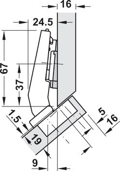 Nábytkový závěs 45°, Blum Clip Top Blumotion 95°, pro rohové skříňky s naloženými čely