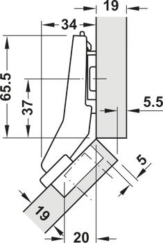 Nábytkový závěs 45°, Blum Clip Top Blumotion 95°, pro rohové skříňky se zapuštěnými čelními panely