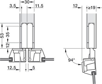 Nábytkový závěs, 94°, pro dveře s hliníkovým rámem, pro skrytou montáž
