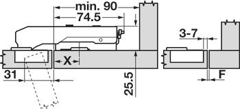 Nábytkový závěs, Grass Tiomos 110°, pro aplikace do slepého rohu, vložená montáž
