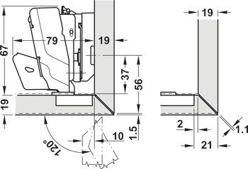 Nábytkový závěs, Grass Tiomos 155°, plně naložená montáž