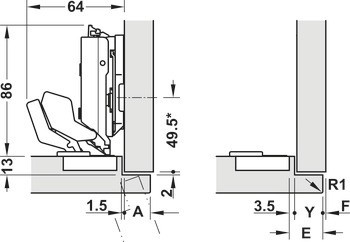 Nábytkový závěs, Grass, Tiomos M9 110°, pro tenké dveře od tloušťky dveří 12–28 mm