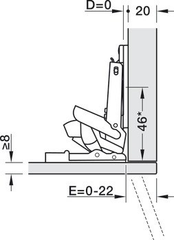 Nábytkový závěs, Häfele Metalla 510 A/SM 110°/Push 110°, plně naložená montáž, pro speciální materiály