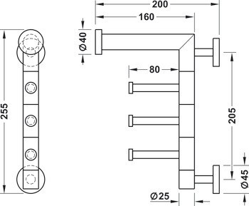 Nástěnný šatní regál, se 3 otočnými háčky, montáž na stěnu, nerez