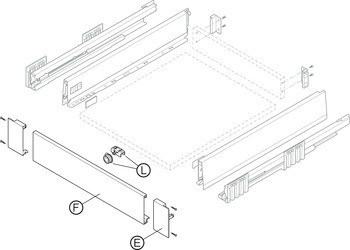 Panel pro vnitřní zásuvku a vnitřní výsuv, Blum Merivobox, systémové výšky M, K a E s příčným relingem vpředu