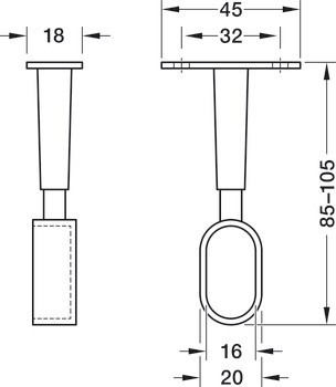 Podpěra šatní tyče, výškově nastavitelná, pro oválnou šatní tyč 30 x 15 mm
