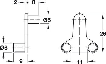Podpěrka police, Häfele Ixconnect SH-G-5040, k nasunutí do otvoru Ø 5 mm, zinková slitina s plastovými krytkami