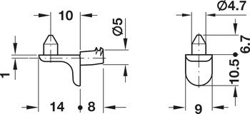 Podpěrka police, Häfele Ixconnect SH-W-5085, k nasunutí do otvoru Ø 5 mm, zinková slitina